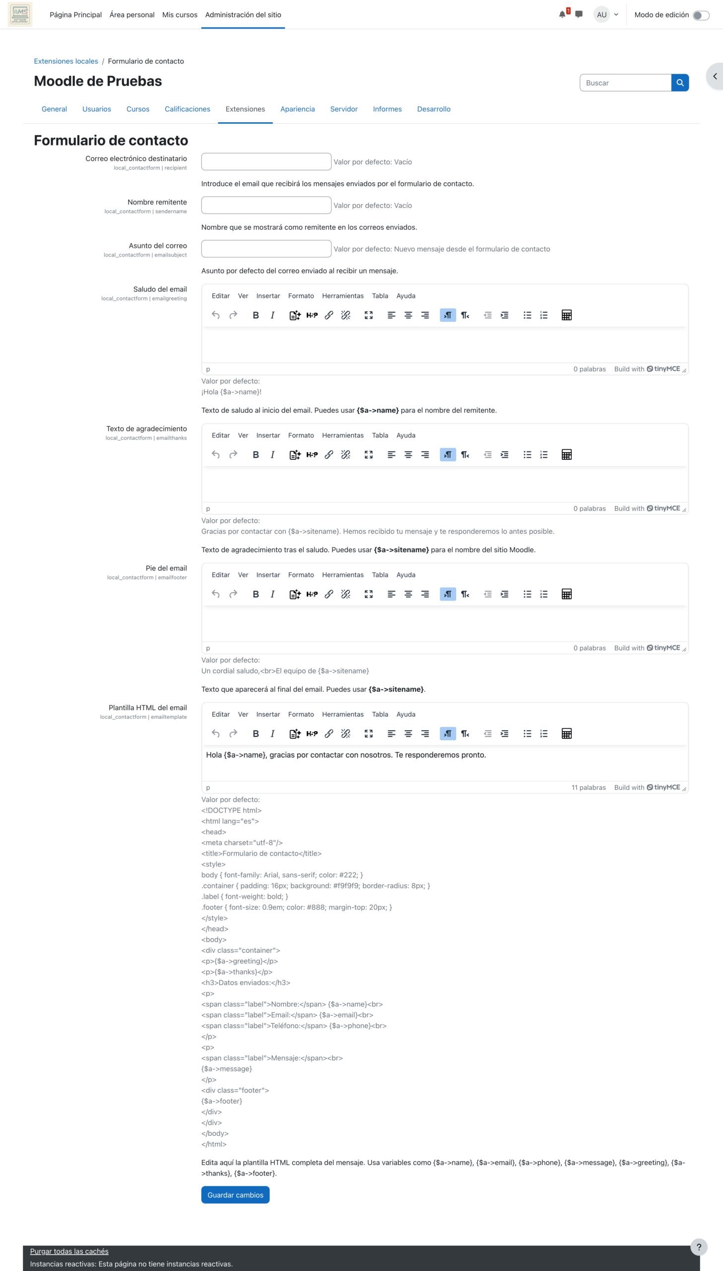 Configuración de nuestro plugin de formulario de contacto en Moodle