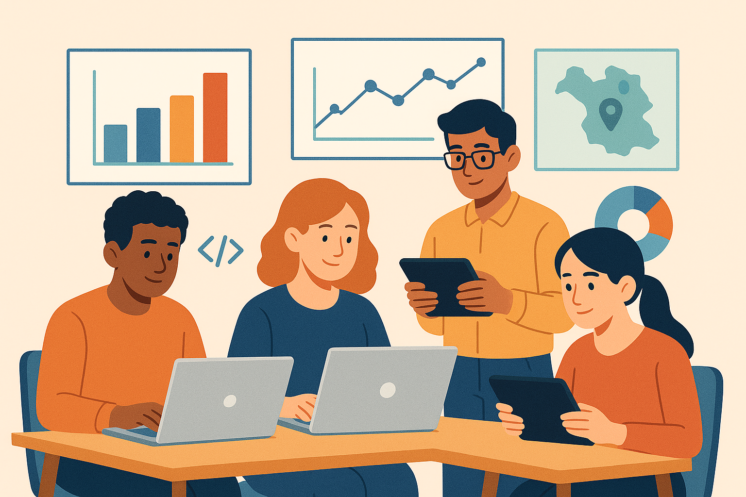 Ilustración de estudiantes y ciudadanos trabajando con datos en un aula moderna, rodeados de gráficos y mapas
