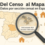 Ilustración digital de un mapa de España dividido en secciones censales, con lupa enfocando una zona urbana y mostrando datos demográficos, gráficos y elementos visuales educativos. Texto: "Del Censo al Mapa: Datos por sección censal en España".