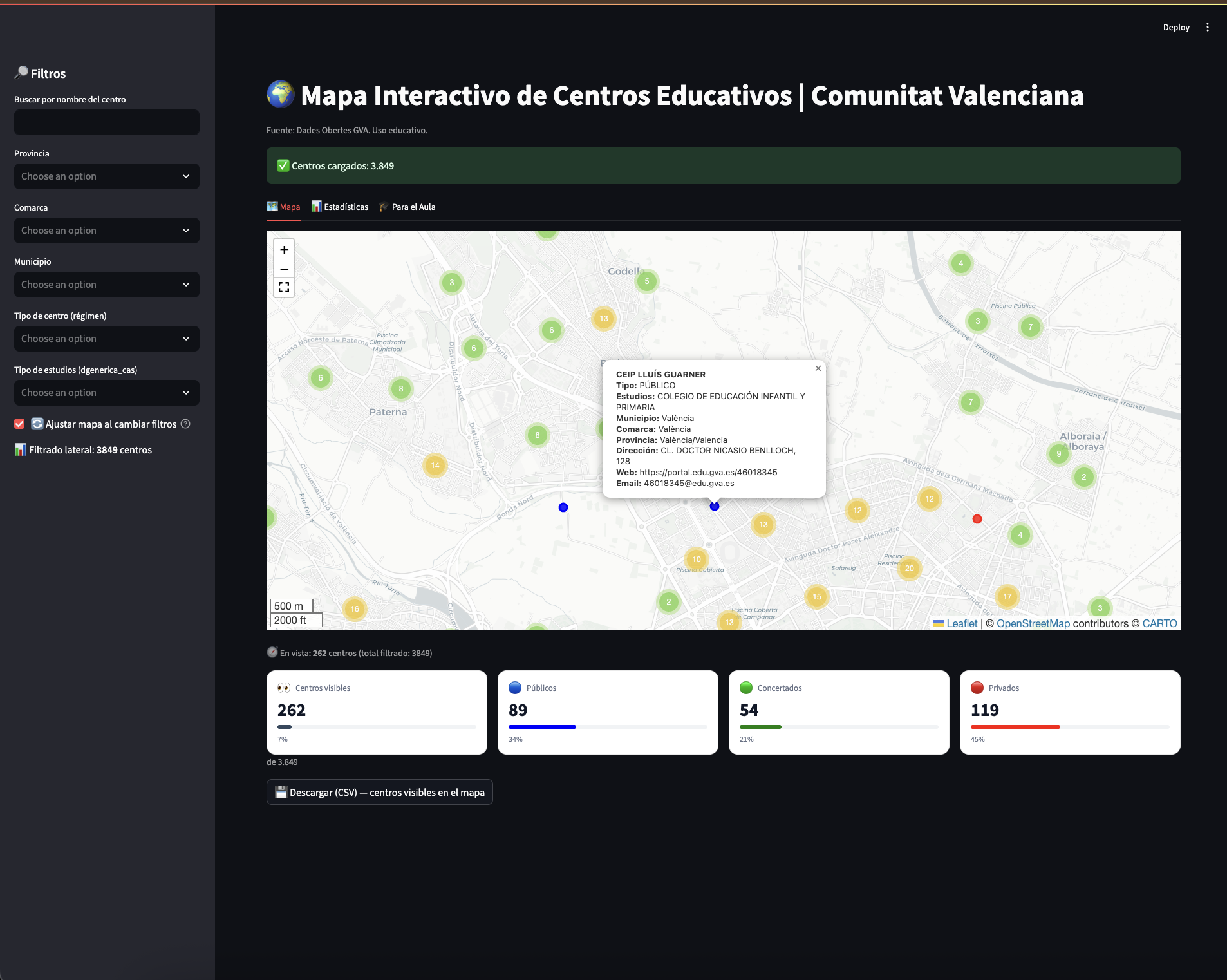 Mapa con los centros educativos de la Comunitat Valenciana OpenData EdTech