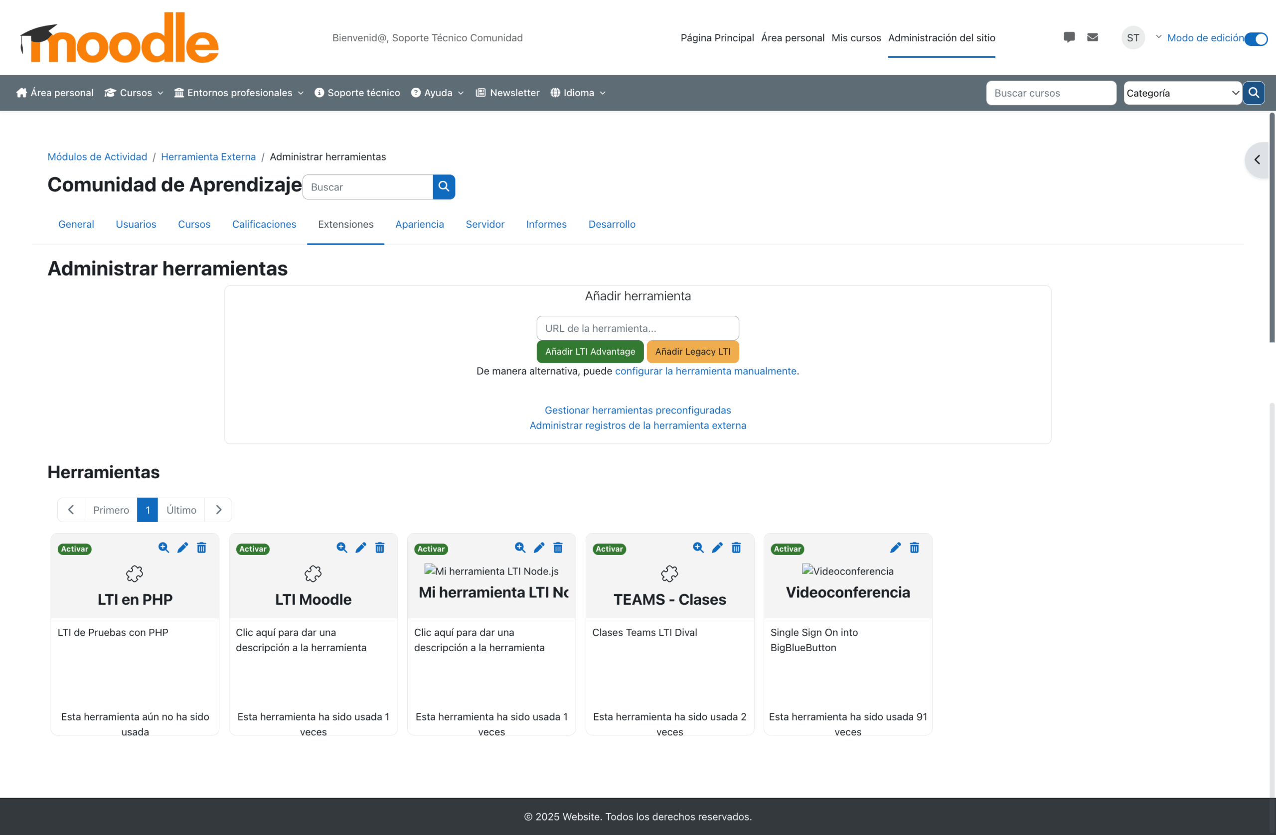 Moodle, página de configuración de herramientas externas LTI