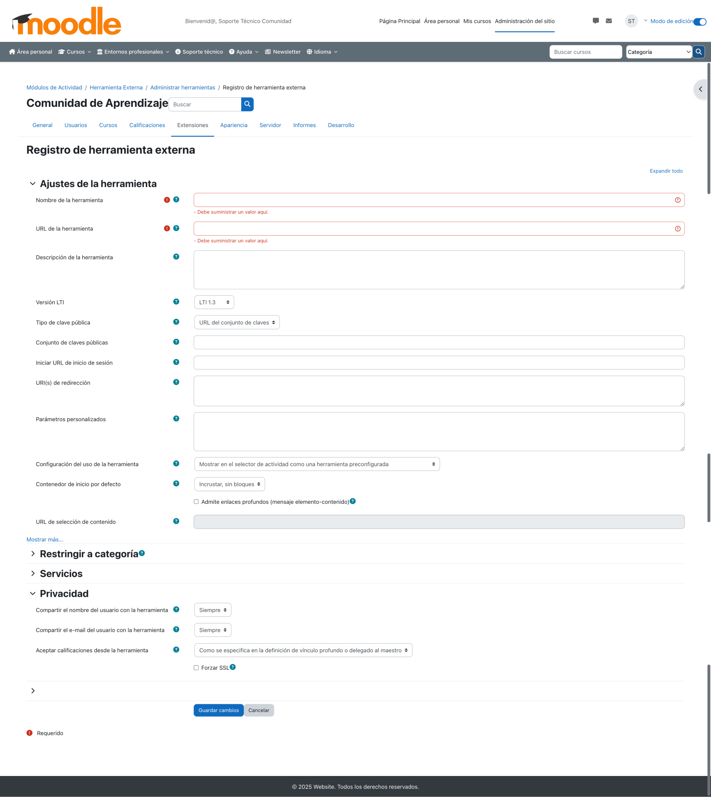 Moodle, página de configuración de herramienta externa LTI 1.3 manualmente