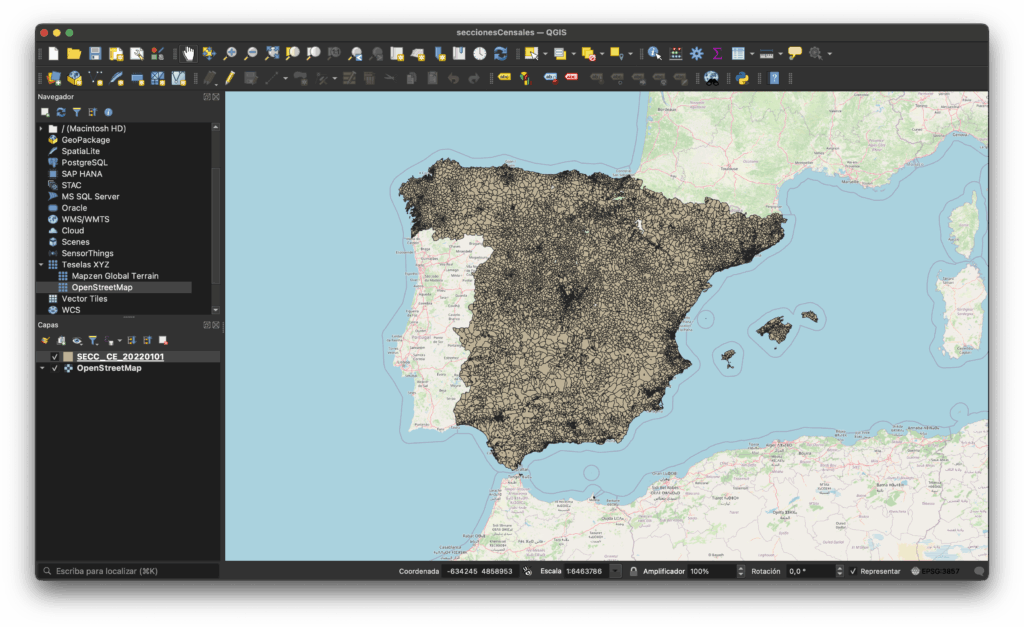 Mapa de España con la capa de secciones censales de España