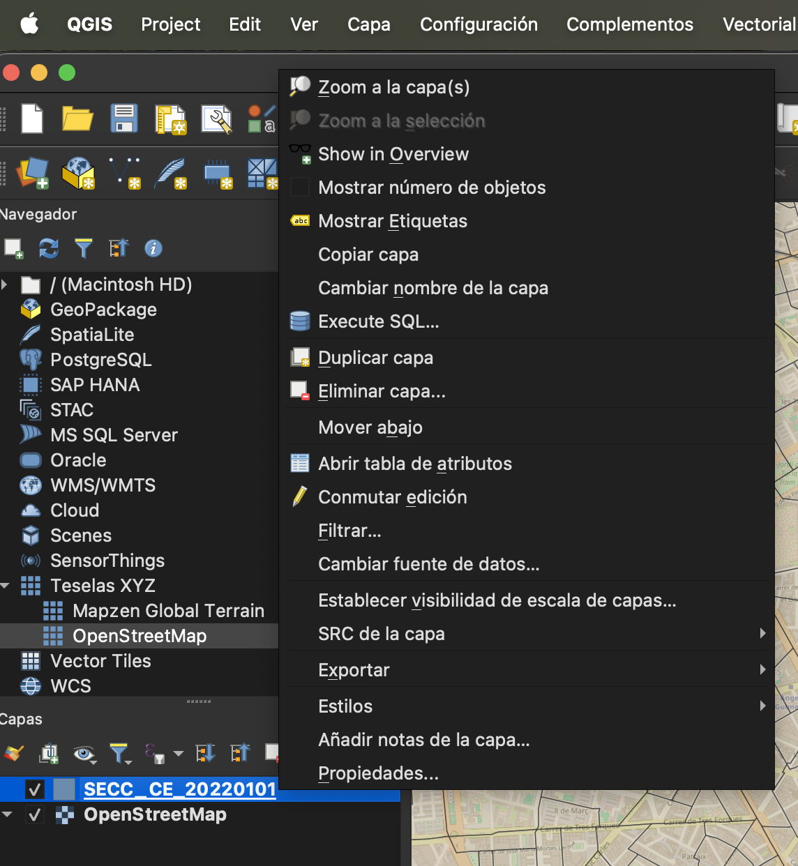 Menú contextual de opciones de una capa de QGIS