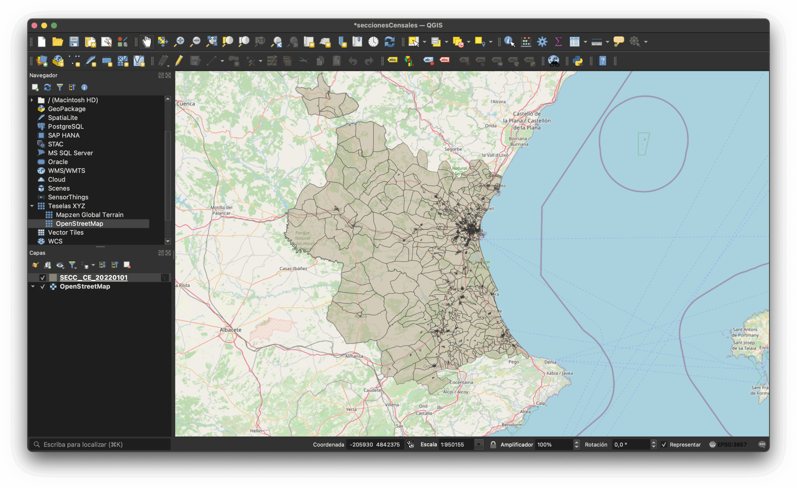 Capa de secciones censales filtrada en QGIS