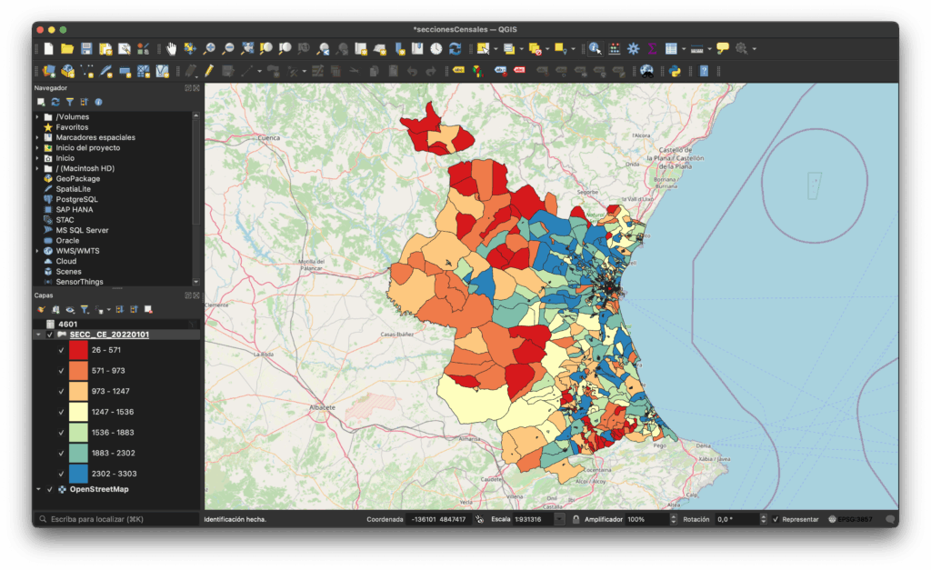 Mapa coroplético de secciones censales de la provincia de Valencia tras aplicar los estilos de graduación en la capa