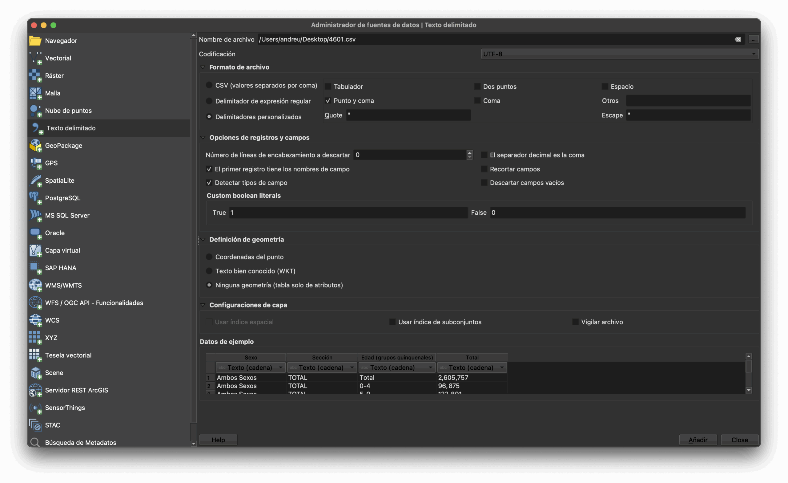 Carga de datos de capa en formato CSV