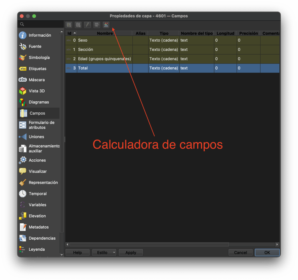 Abrir calculadora de campos en capa de datos CSV