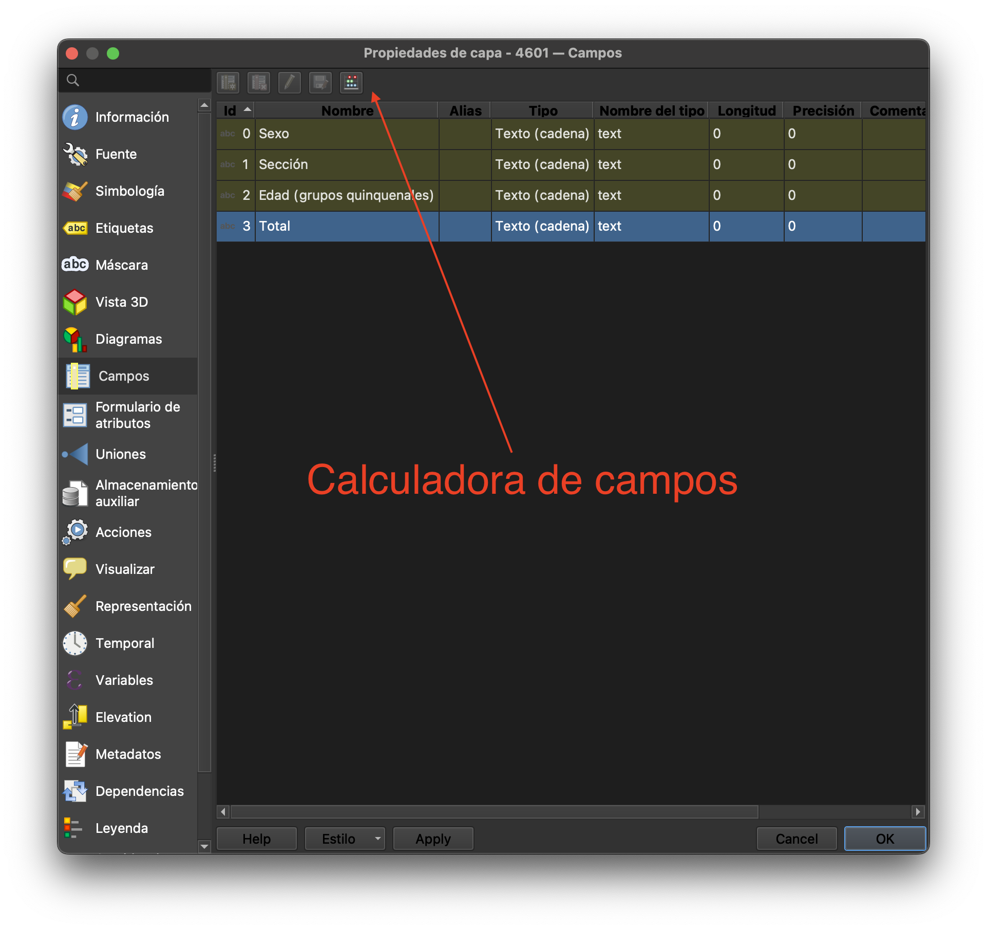 Abrir calculadora de campos en capa de datos CSV
