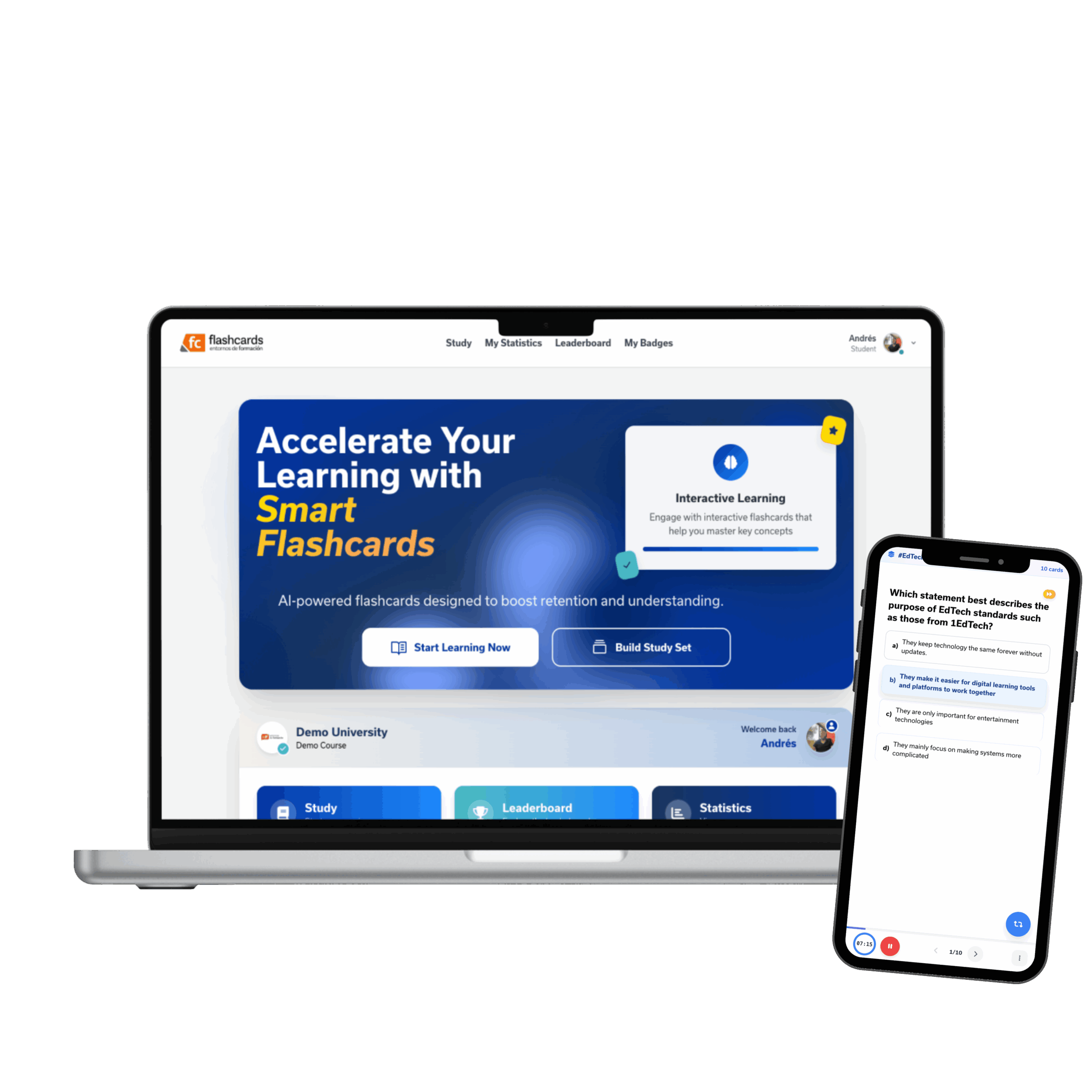 Interfaz de Flashcards by EDF en ordenador y móvil mostrando tarjetas inteligentes de aprendizaje adaptativo con inteligencia artificial