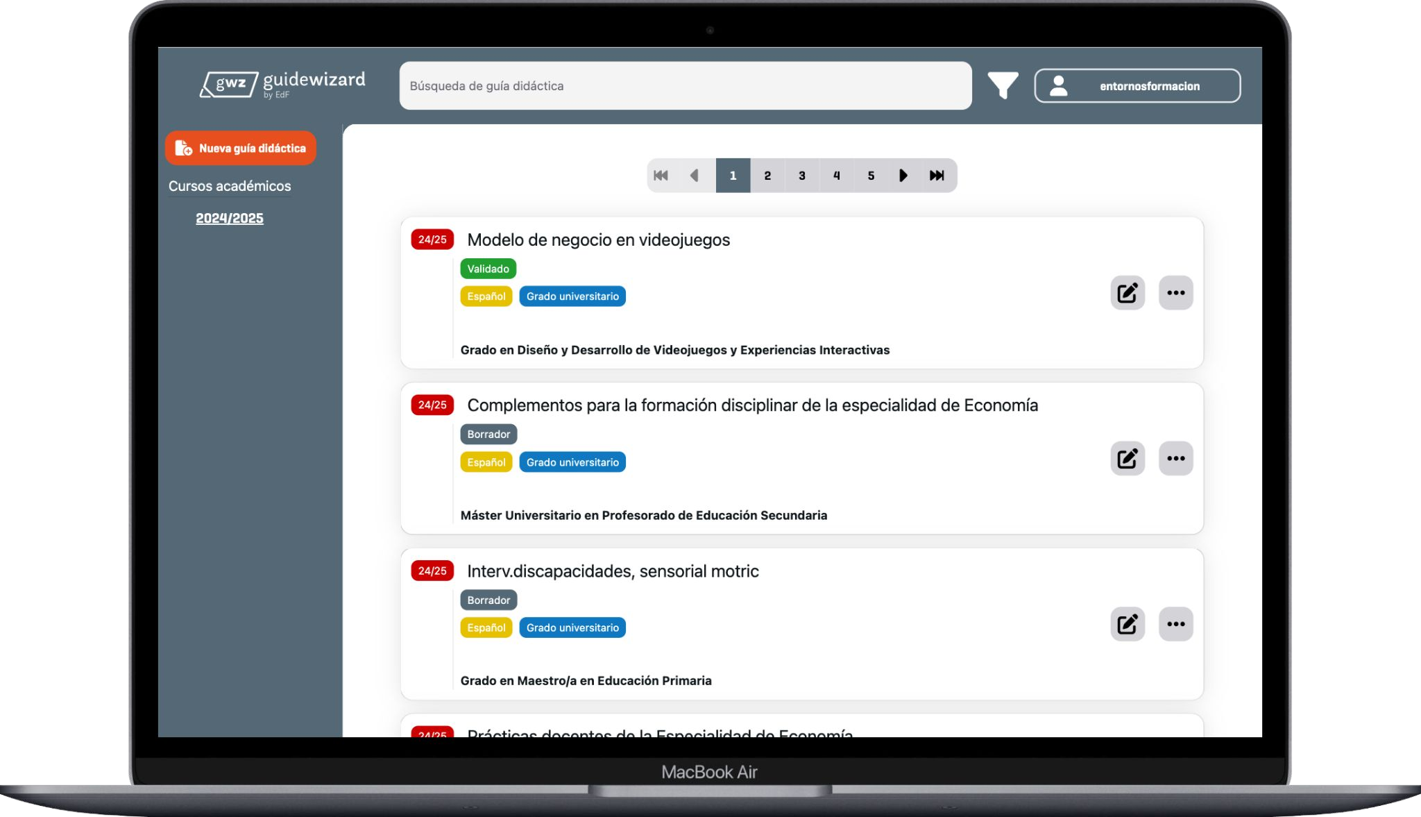Interfaz de Guide Wizard de Entornos de Formación mostrando gestión de guías docentes y validación académica por curso