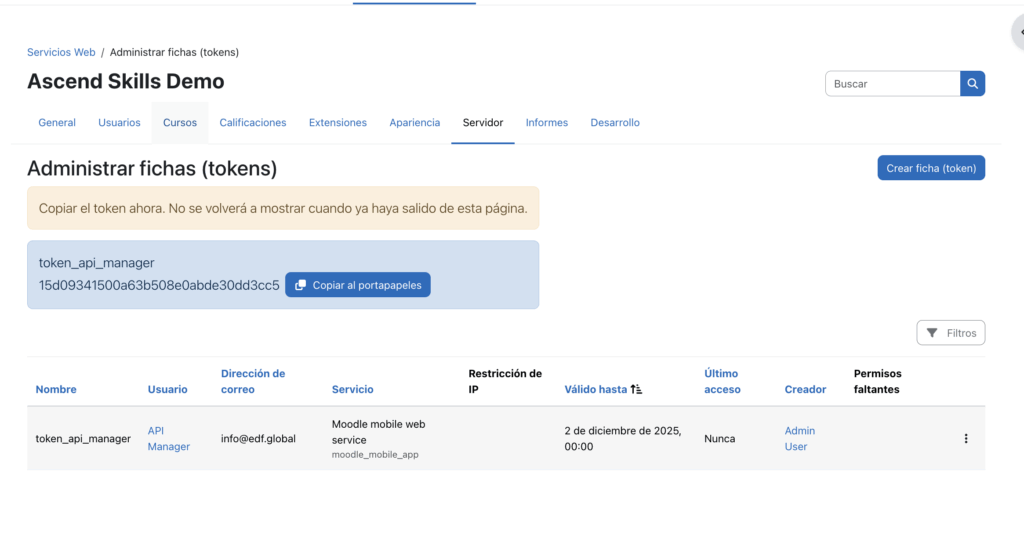 Creación de API Key en Moodle REST API