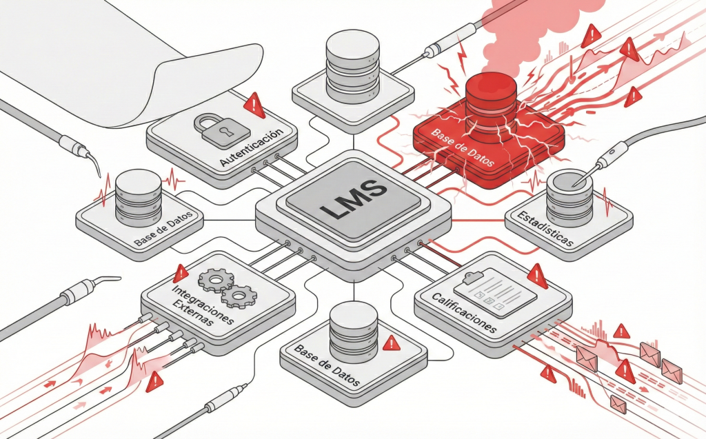 Auditoría técnica de un LMS en producción mostrando una base de datos crítica bajo estrés durante picos de tráfico académico y dependencias activas