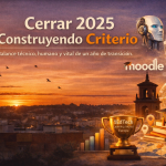 Atardecer urbano como metáfora del cierre de 2025, liderazgo tecnológico EdTech, Moodle, inteligencia artificial y premio 1EdTech.