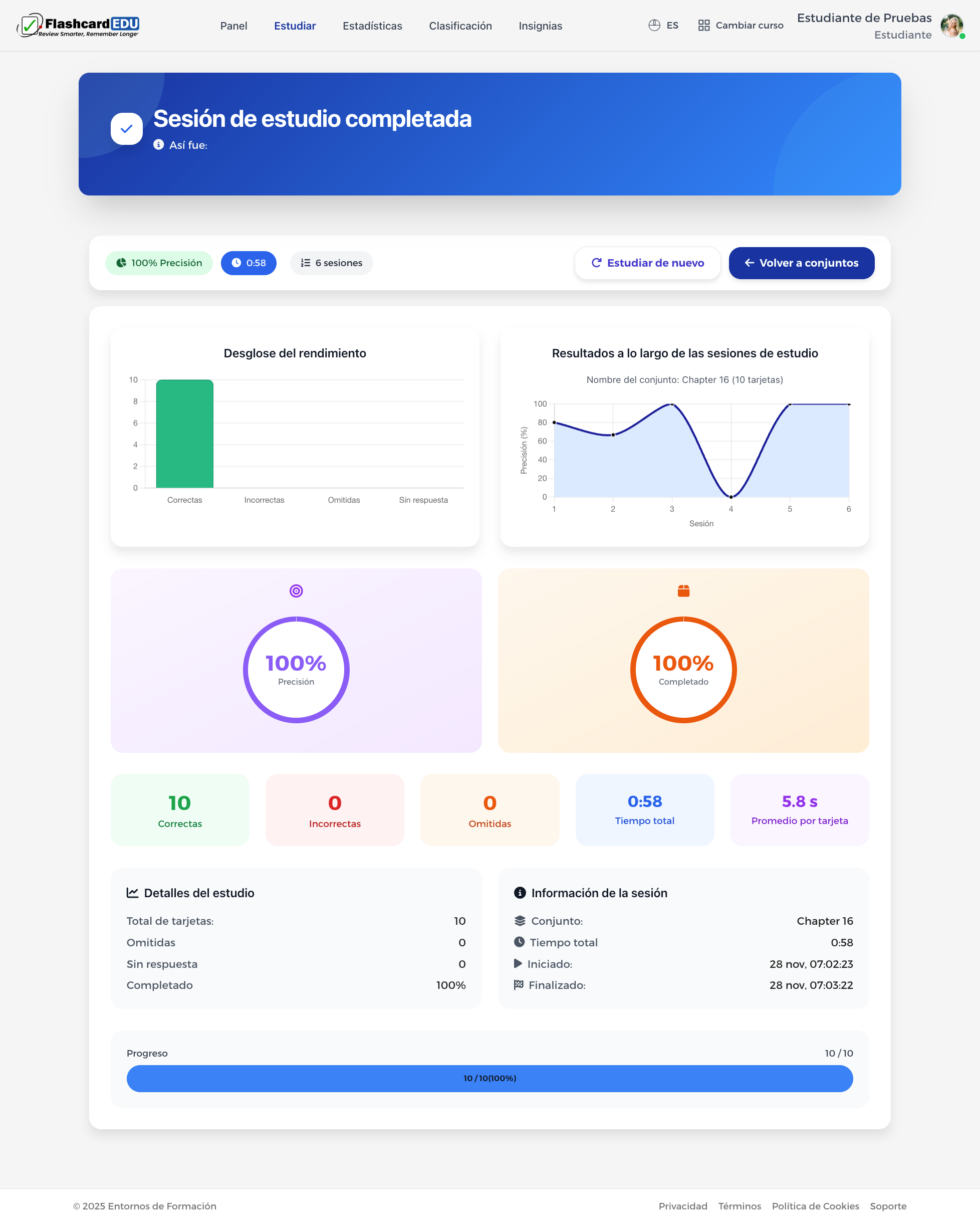 Resultados de una sesión de estudio en Flashcards