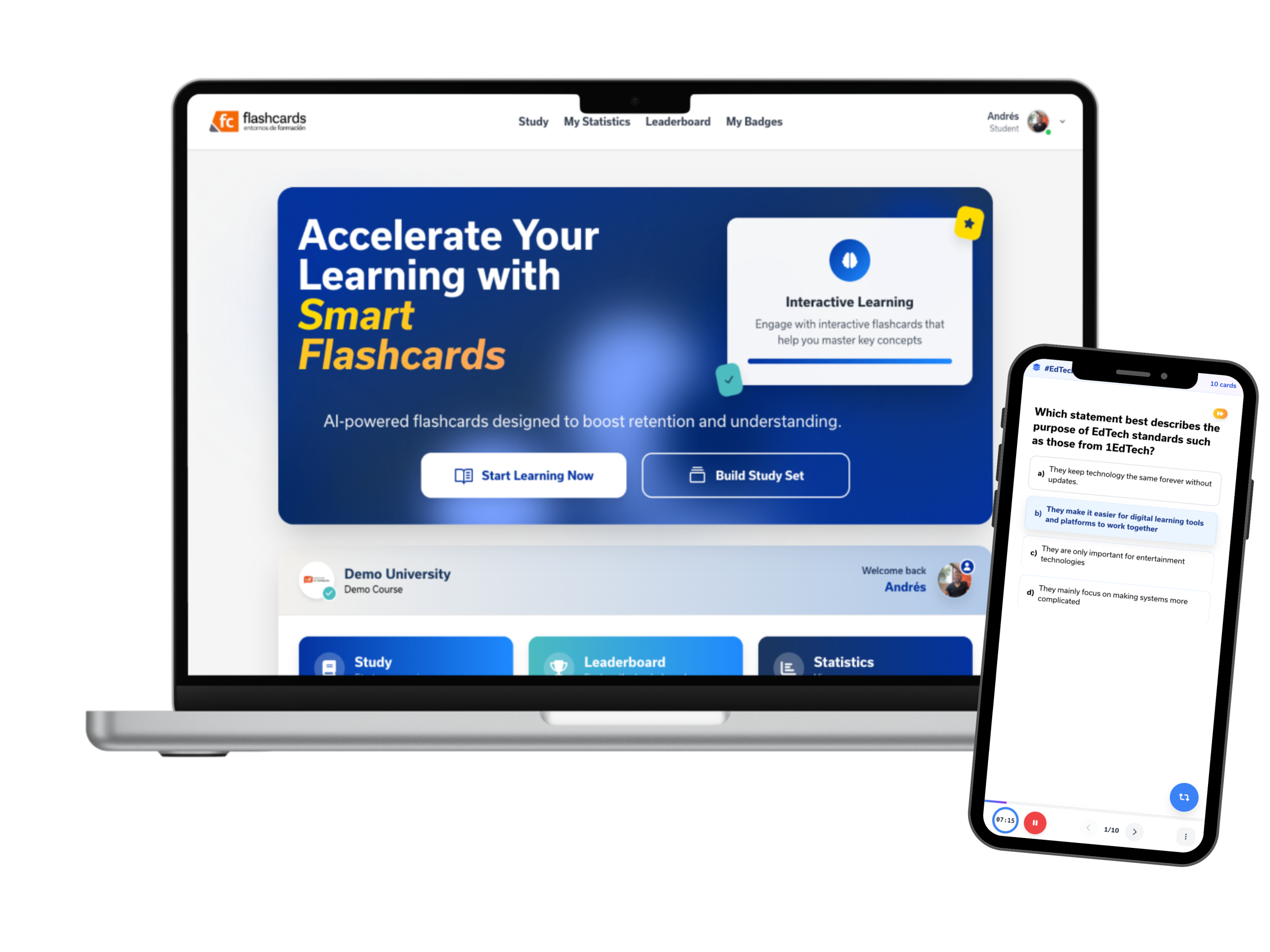 Una experiencia de estudio continua en escritorio, tablet y móvil, pensada para sesiones cortas y aprendizaje en cualquier contexto.