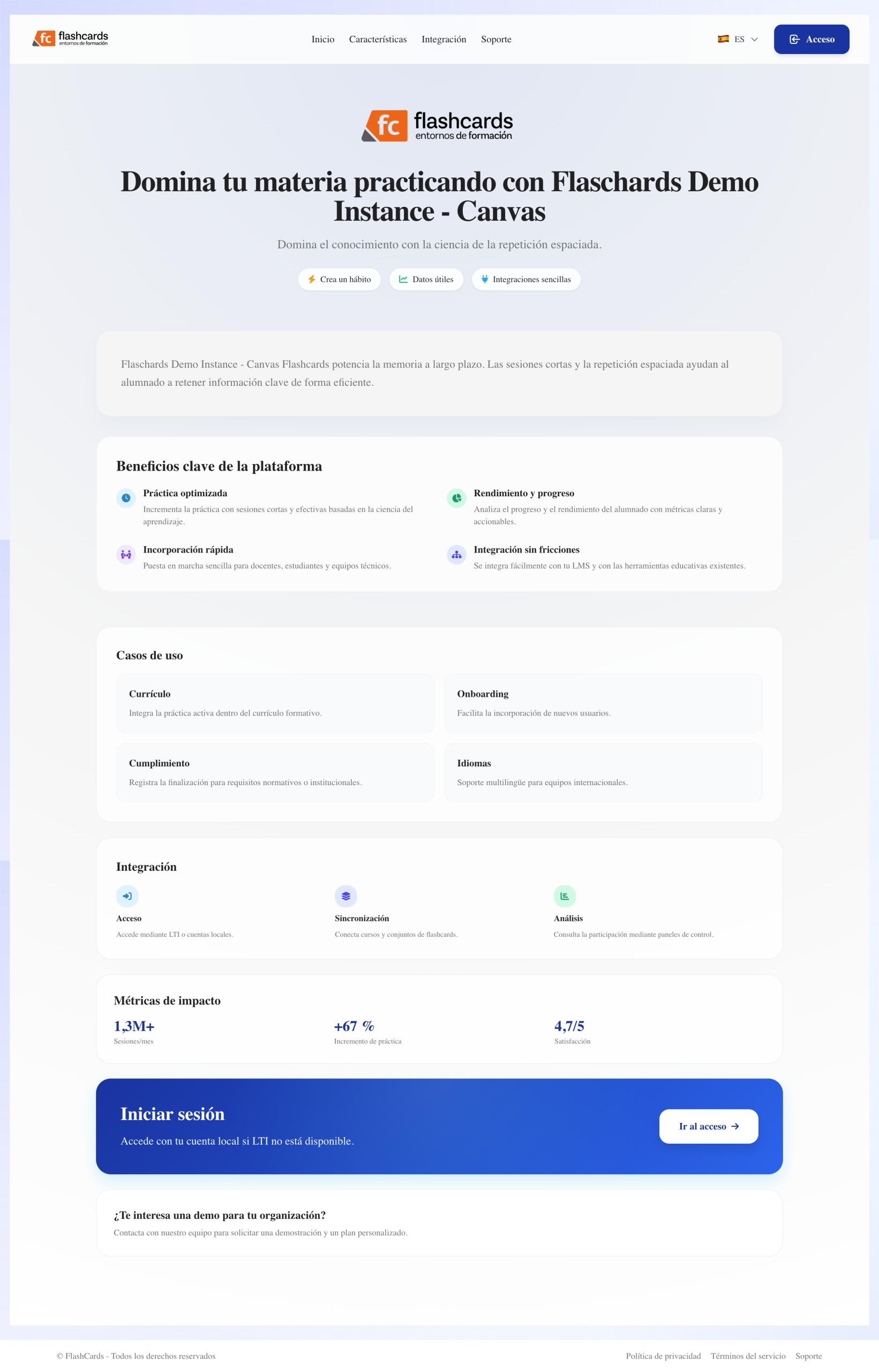 Pantalla de inicio de Flashcards personalizada con la identidad visual de la institución: branding, idioma y estructura coherentes con el campus virtual.