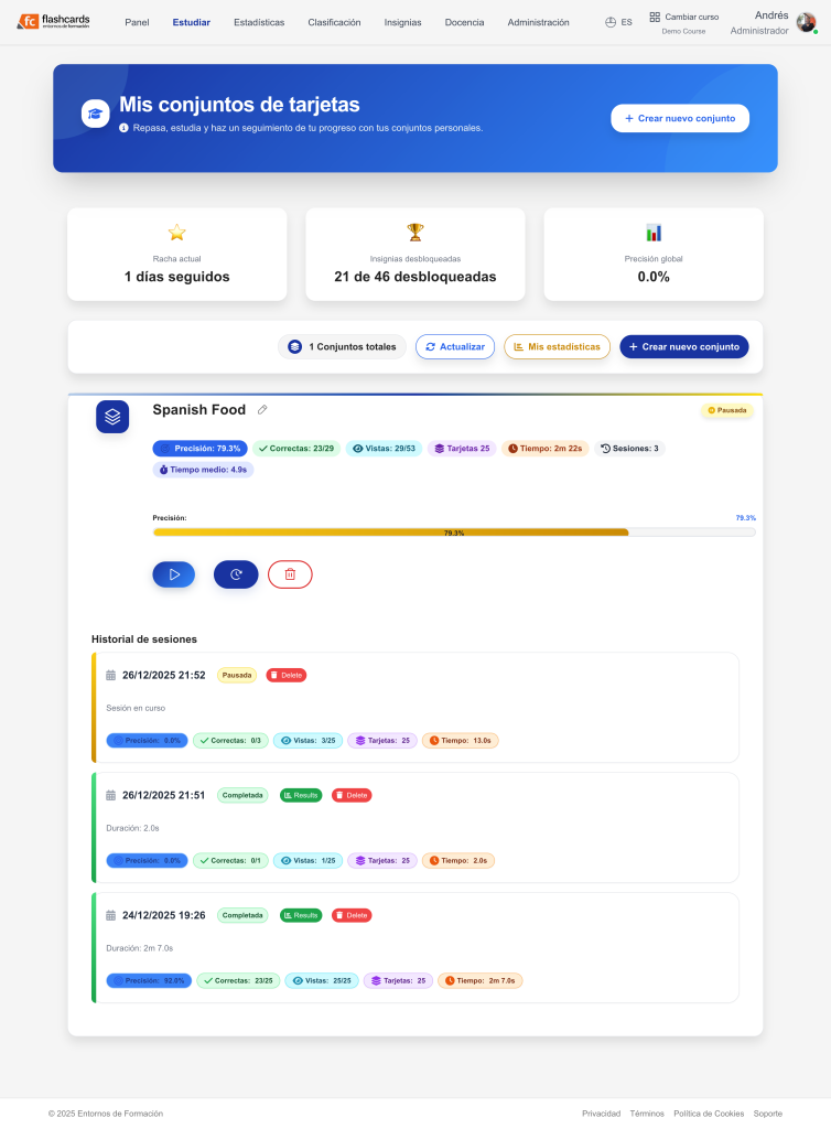 Últimas sesiones y sets estudiados por el estudiante