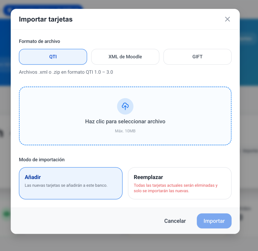 Importación de Flashcard Sets desde formatos estándares como QTI, Moodle XML o GIFT