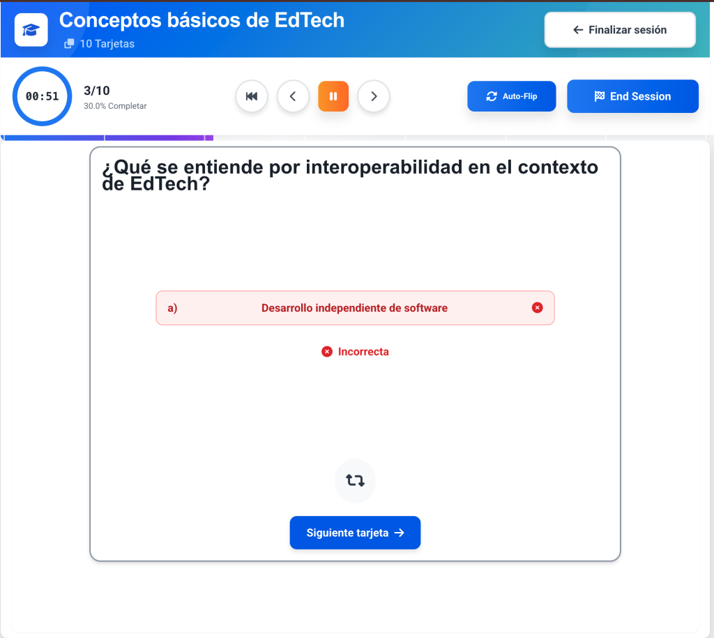 El ciclo de Active Recall: Pregunta, esfuerzo cognitivo y feedback inmediato. Los botones de autoevaluación alimentan el algoritmo de repetición espaciada.
