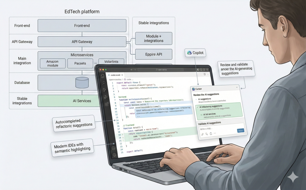 IA asistiendo al desarrollo de software en una plataforma EdTech, con revisión humana del código en un entorno LMS
