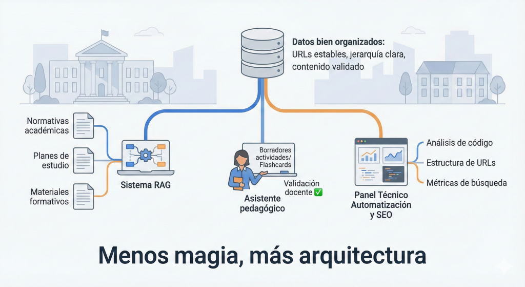 Menos magia, más arquitectura: la IA aporta valor en EdTech cuando se apoya en datos bien estructurados, flujos controlados y validación humana, no cuando se incrusta sin criterio en el core del LMS.