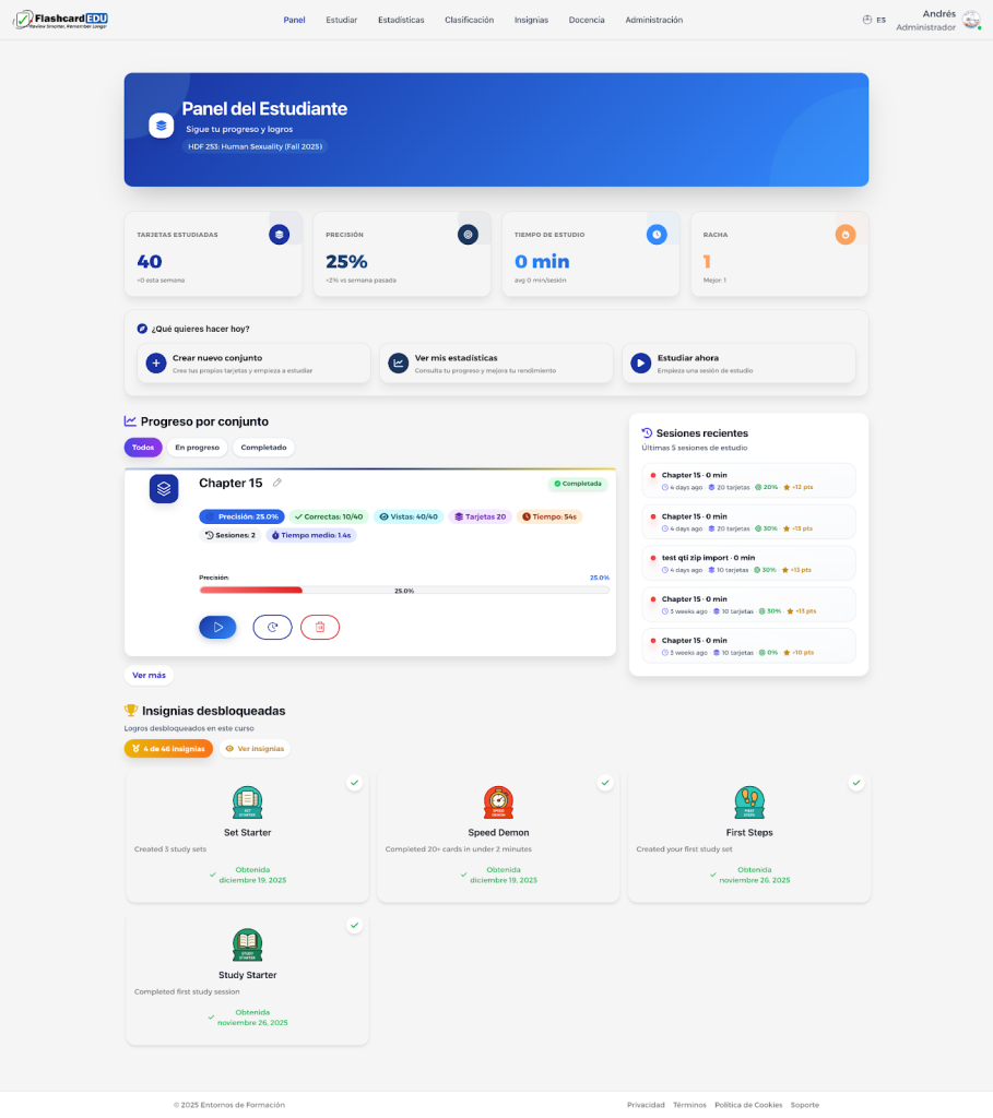 Dashboard de Estudiante en Flashcards, métricas, sets, últimas sesiones e insignias