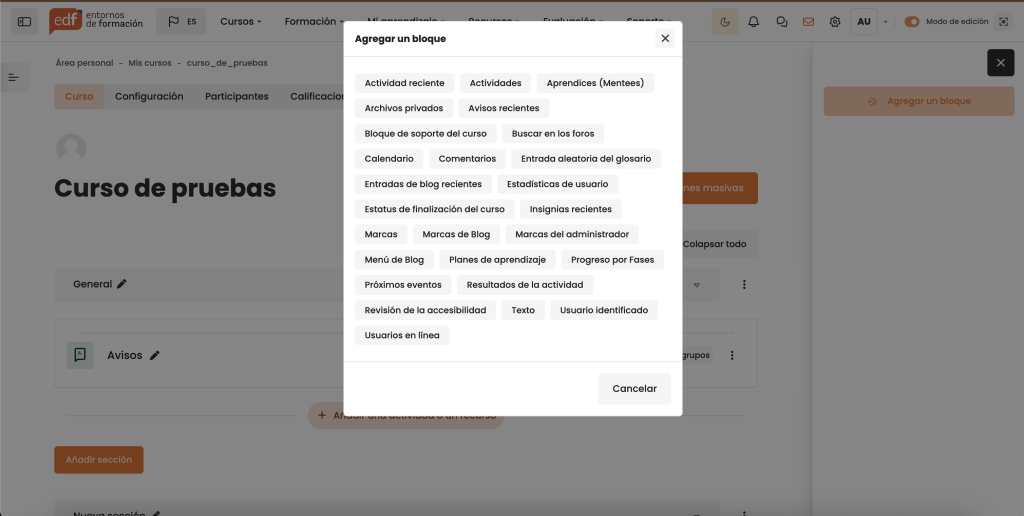 Ventana de “Agregar un bloque” en Moodle 4.5 mostrando la opción para añadir el bloque personalizado de soporte del curso