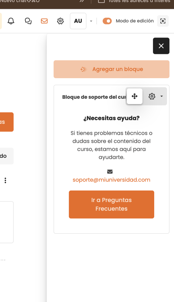 Bloque personalizado de soporte del curso visible en el lateral de un curso en Moodle 4.5 con acceso a contacto y preguntas frecuentes