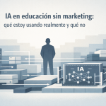 Imagen destacada del artículo “IA en educación sin marketing: qué estoy usando realmente y qué no”, una ilustración editorial que representa la inteligencia artificial como una herramienta controlada dentro de una arquitectura EdTech sólida y supervisada por criterio humano.