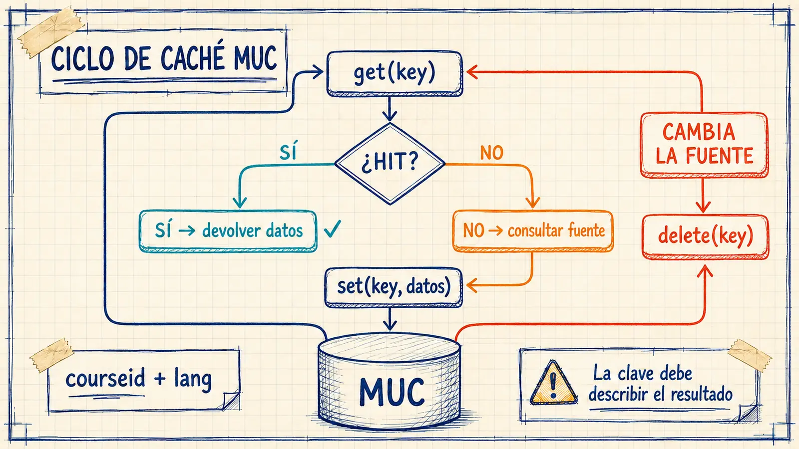 Diagrama AMS sketch del ciclo HIT, MISS e invalidación de la caché MUC en Moodle 4.5