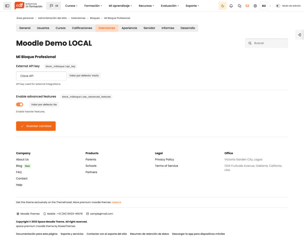 Pantalla de ajustes globales de un bloque personalizado en Moodle desde el panel de administración