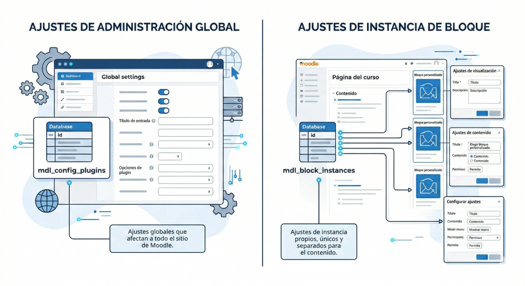 Esquema que muestra la diferencia entre configuración global de administrador y configuración por instancia en un bloque Moodle