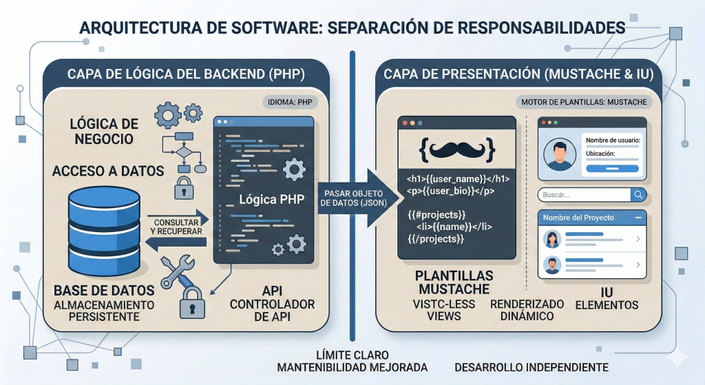 Esquema que muestra la separación de responsabilidades entre lógica de negocio y presentación en un bloque Moodle