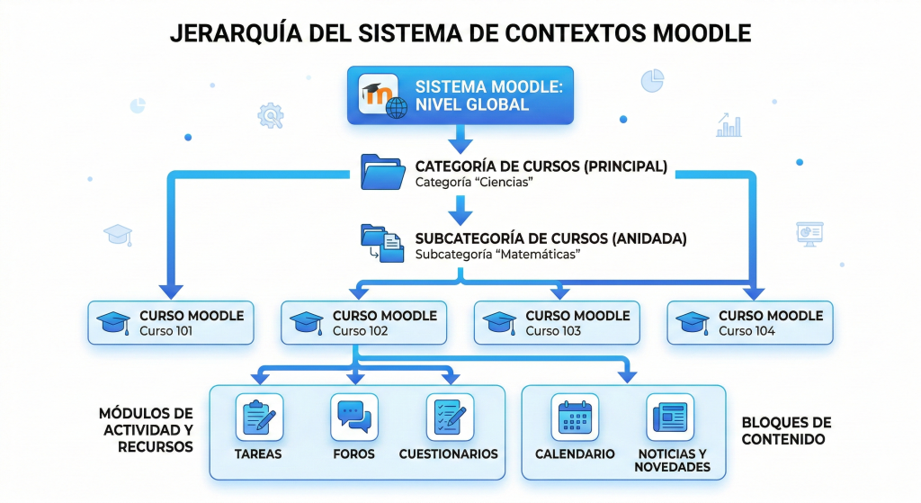 Diagrama jerárquico del sistema de contextos de Moodle desde sistema hasta bloque