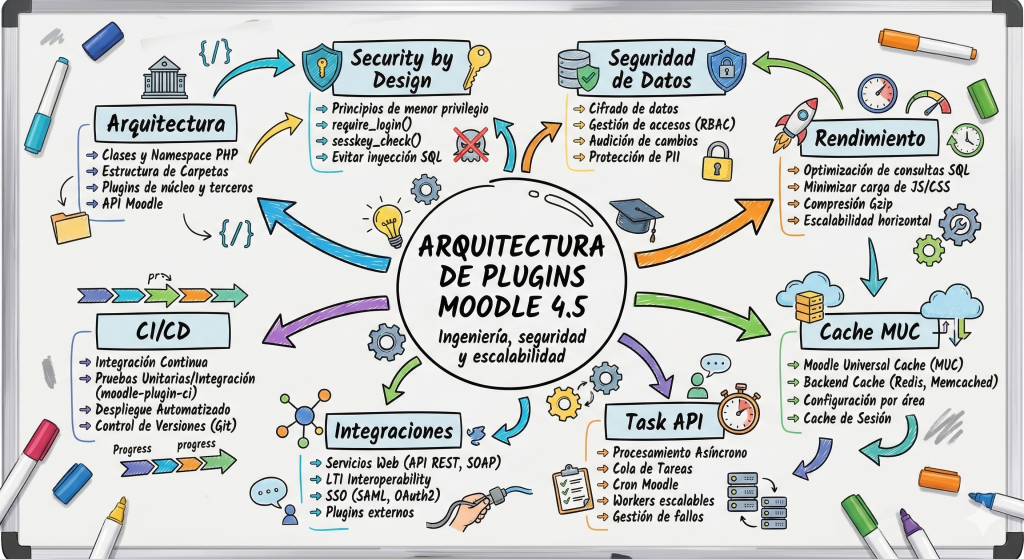 Resumen visual del desarrollo de plugins Moodle 4.5: arquitectura, seguridad, rendimiento y CI/CD