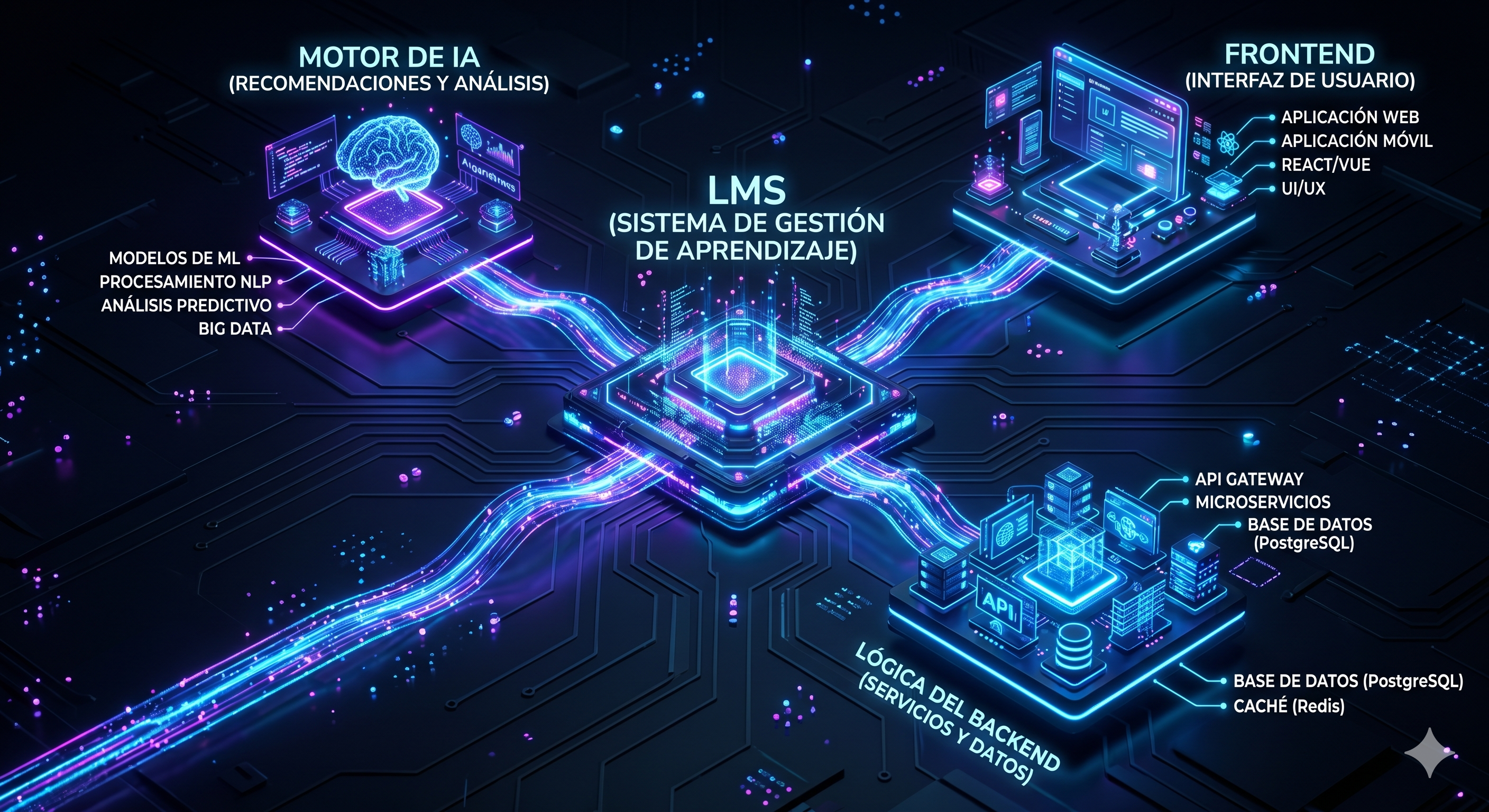 Esquema de una arquitectura EdTech componible con LMS como core y servicios satélite.