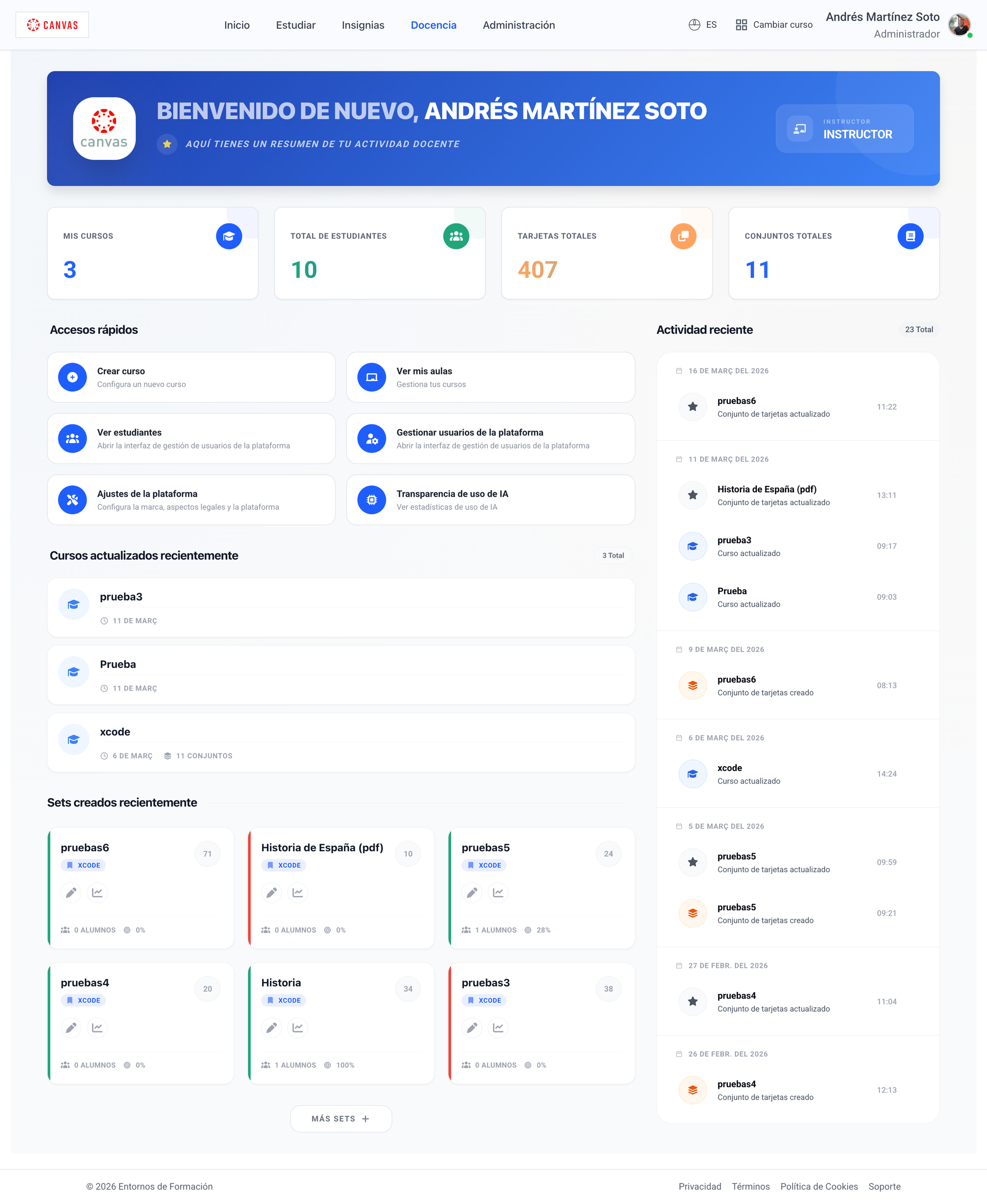 Dashboard docente de Flashcards by EdF con resumen de cursos, estudiantes, tarjetas, conjuntos y actividad reciente.