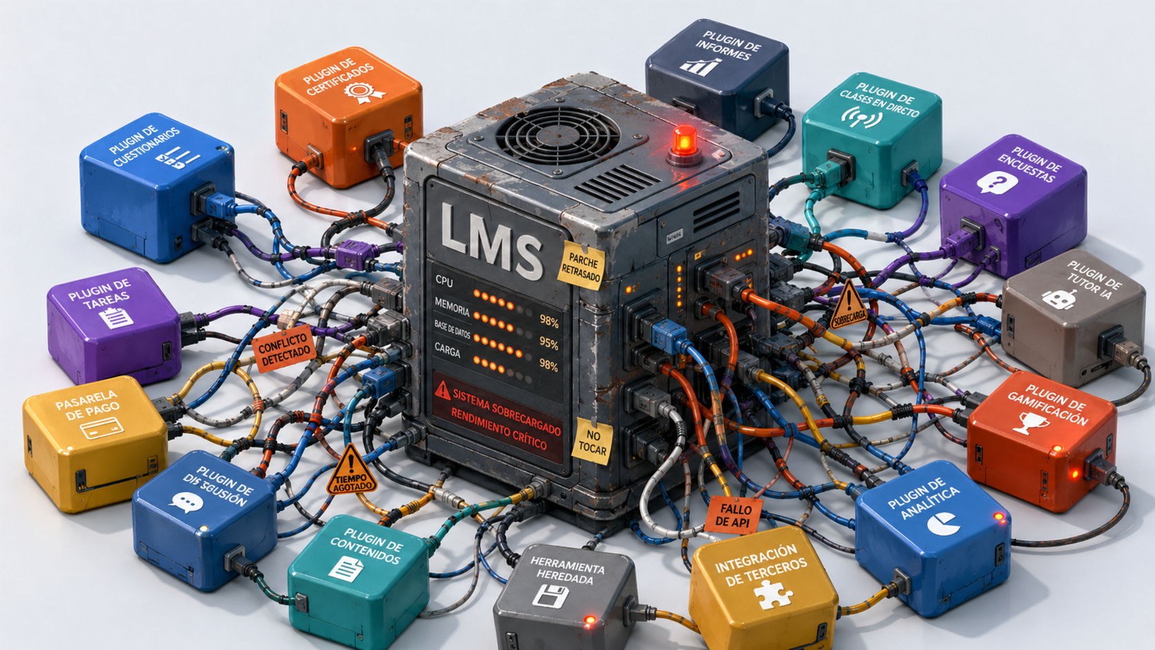 Diagrama conceptual de un LMS monolítico sobrecargado de plugins y parches técnicos.