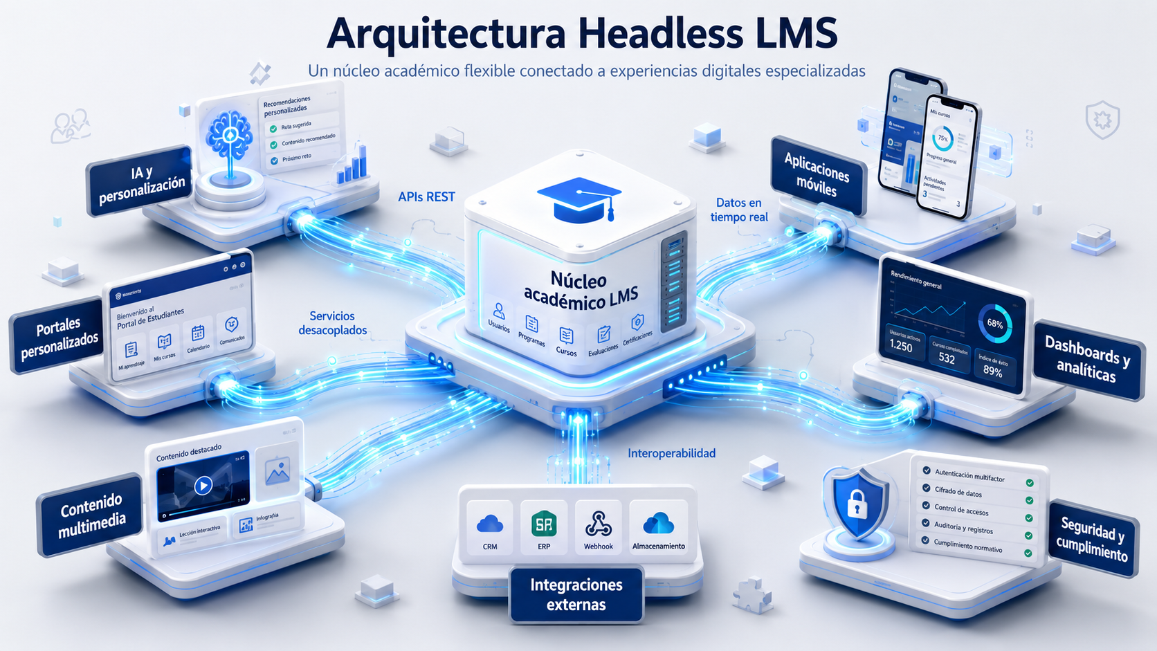 Arquitectura Headless LMS central conectada a servicios especializados de EdTech