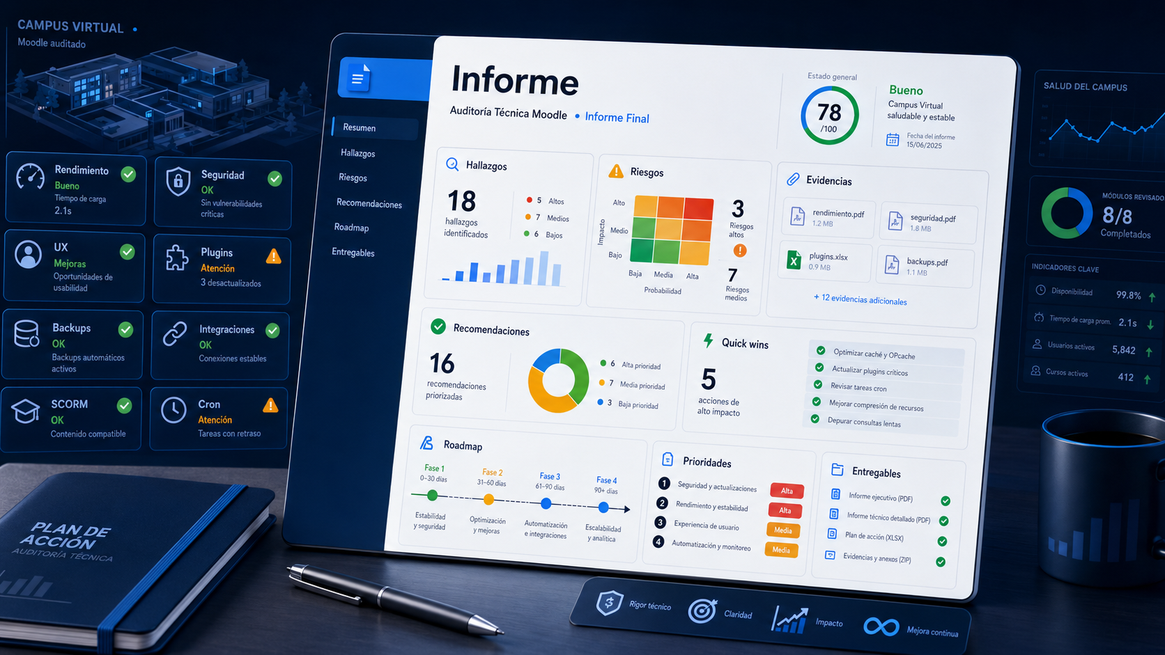 Informe de auditoría Moodle técnica con análisis de rendimiento, seguridad, plugins, integraciones y backups