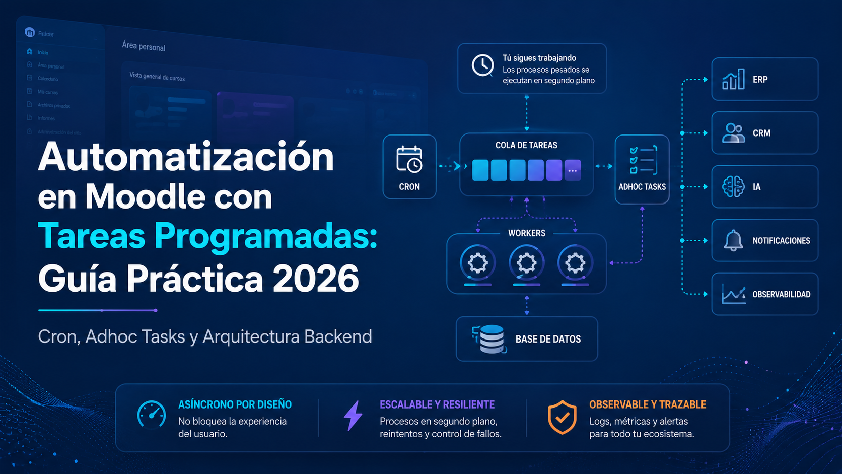 Automatización en Moodle con tareas programadas: guía práctica 2026 para cron, adhoc tasks y arquitectura backend