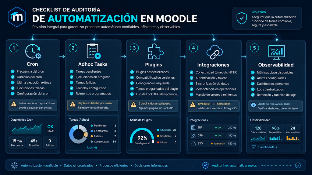 Checklist visual de auditoría de automatización Moodle con cron, adhoc tasks, plugins, integraciones y observabilidad