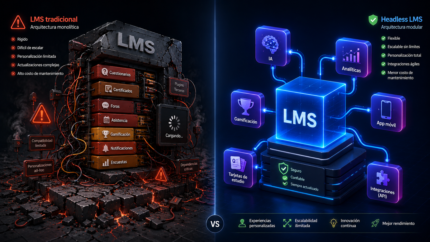 Comparativa visual lado a lado: LMS tradicional monolítico sobrecargado versus arquitectura Headless LMS modular y escalable con capas separadas