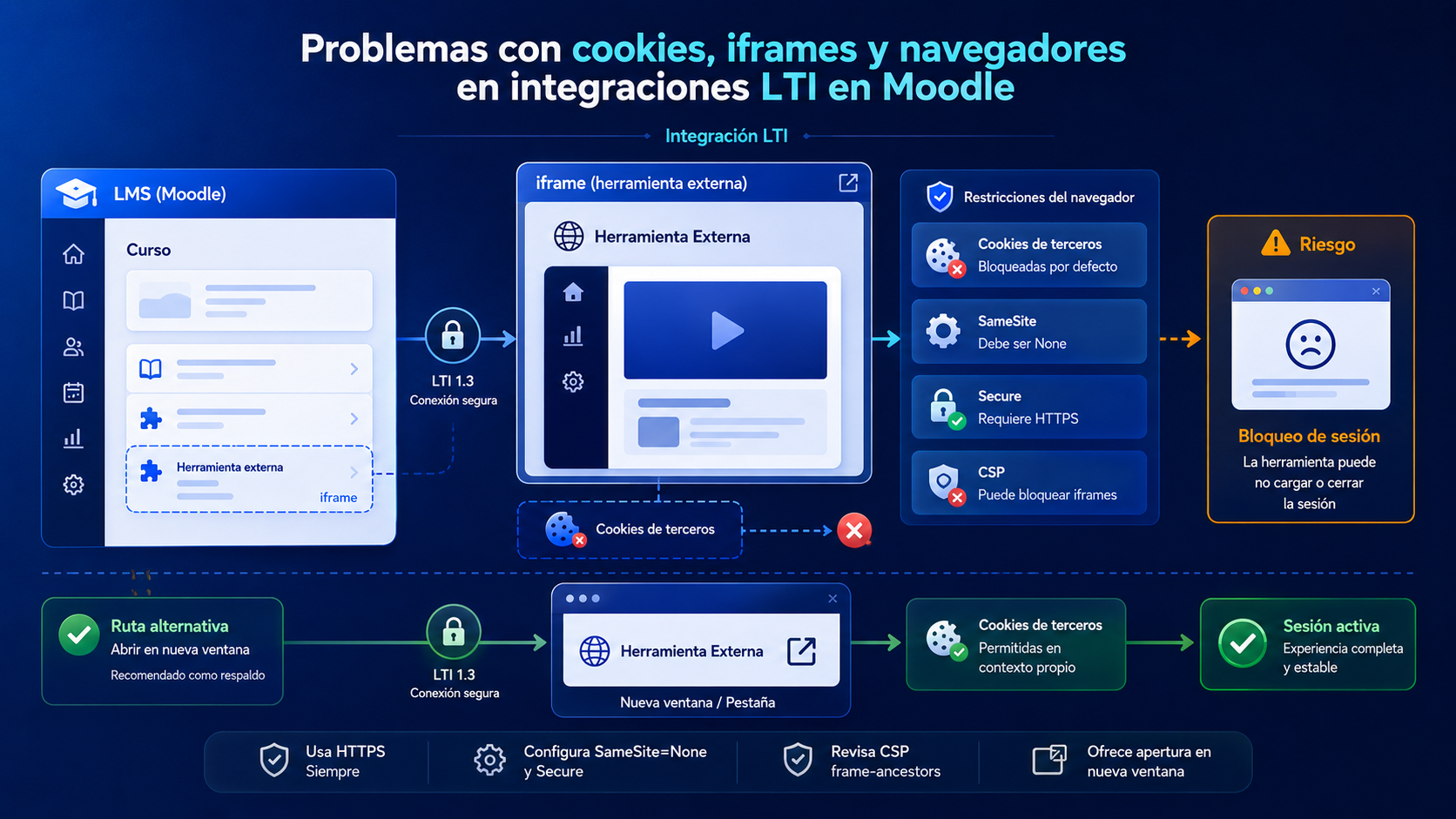 Problemas de cookies e iframes en una integración LTI Moodle