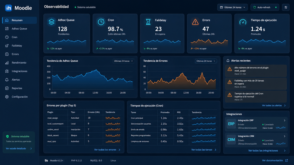 Dashboard de observabilidad para Moodle con métricas de tareas adhoc, cron, errores, tiempos de ejecución y sistemas externos.