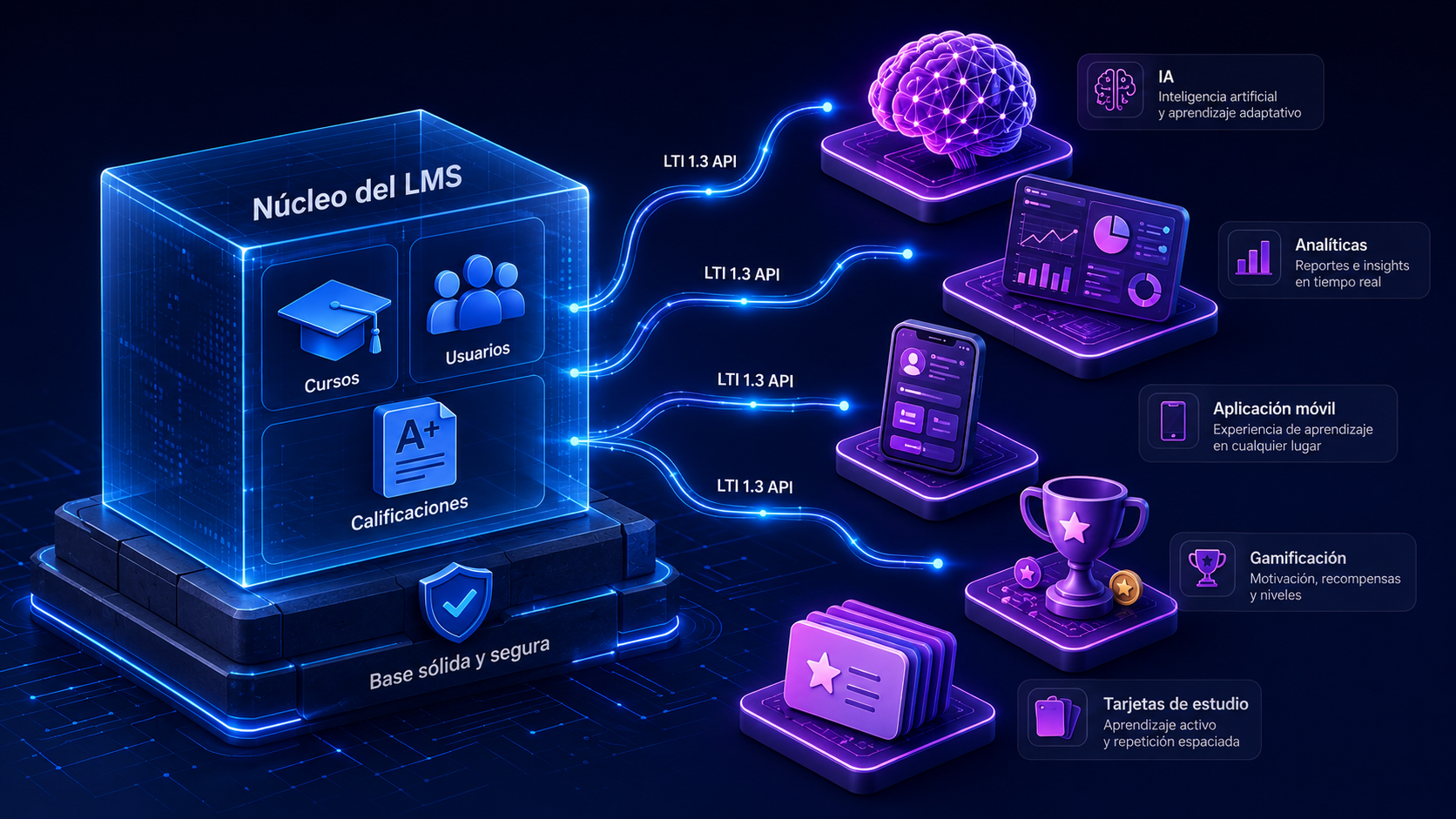 Arquitectura Headless LMS mostrando separación entre núcleo académico estable y capas de innovación externa conectadas por API LTI 1.3
