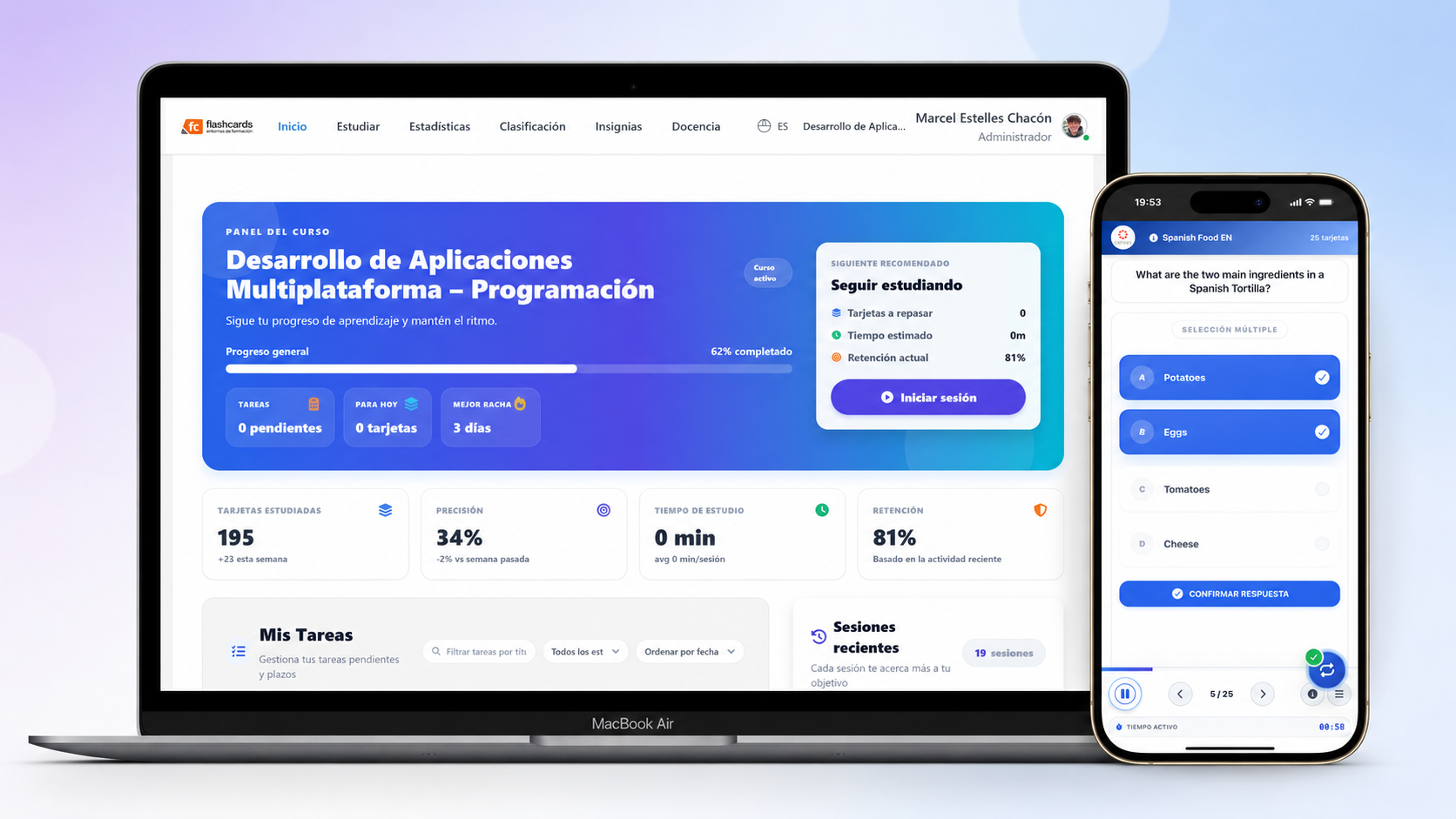 Interfaz de estudiante de la plataforma Flashcards con progreso del curso, retención, tarjetas estudiadas y acceso a una sesión de repaso.