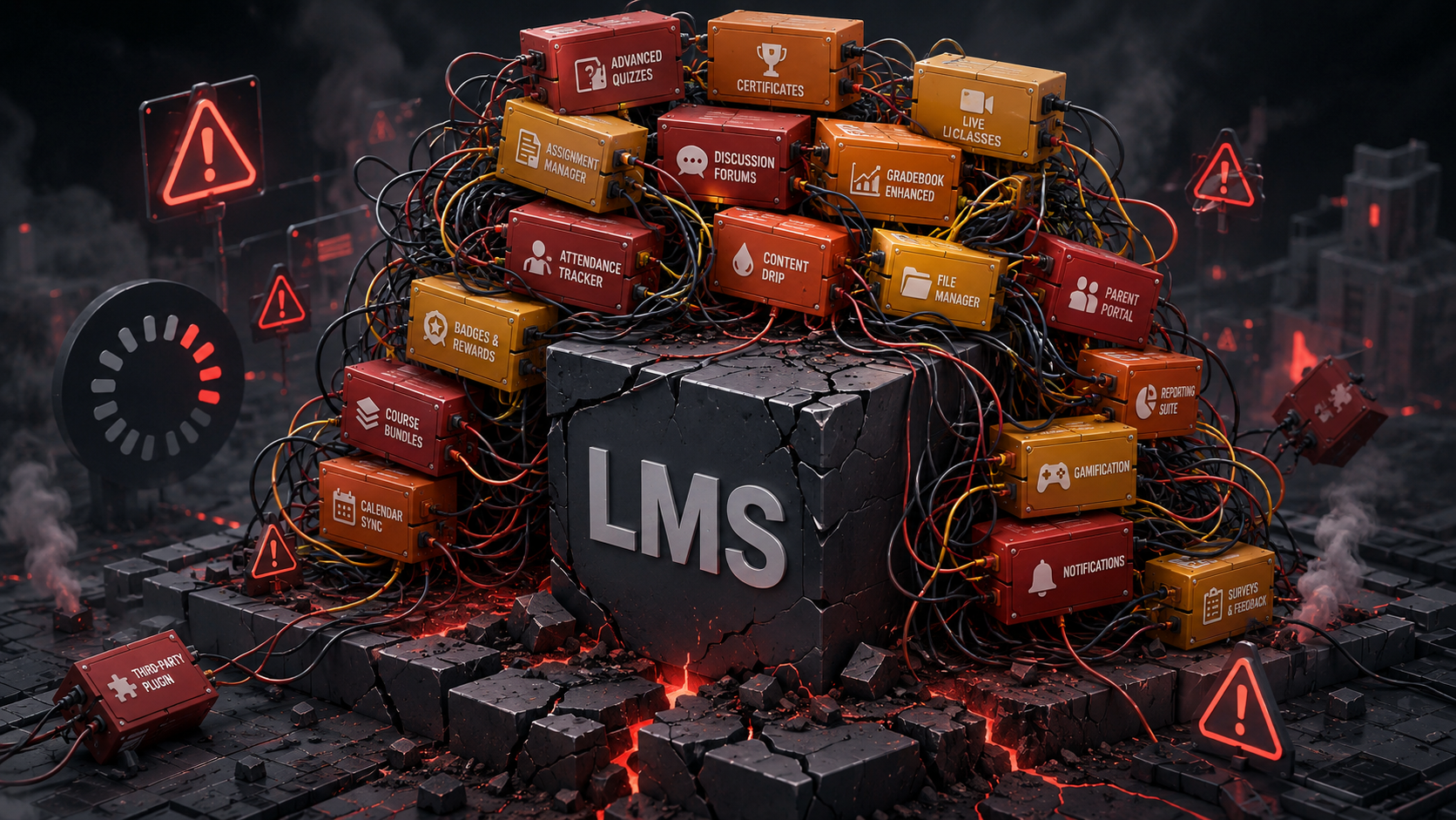LMS tradicional sobrecargado con múltiples plugins apilados causando lentitud, complejidad y fragilidad en la plataforma educativa