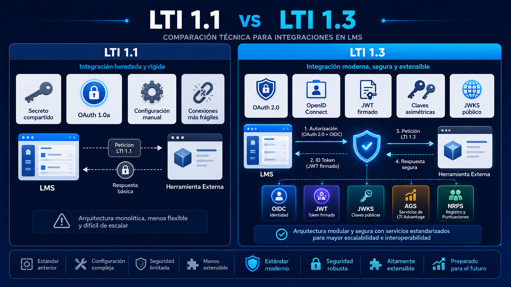Comparativa visual entre LTI 1.1 y LTI 1.3 en una integración Moodle